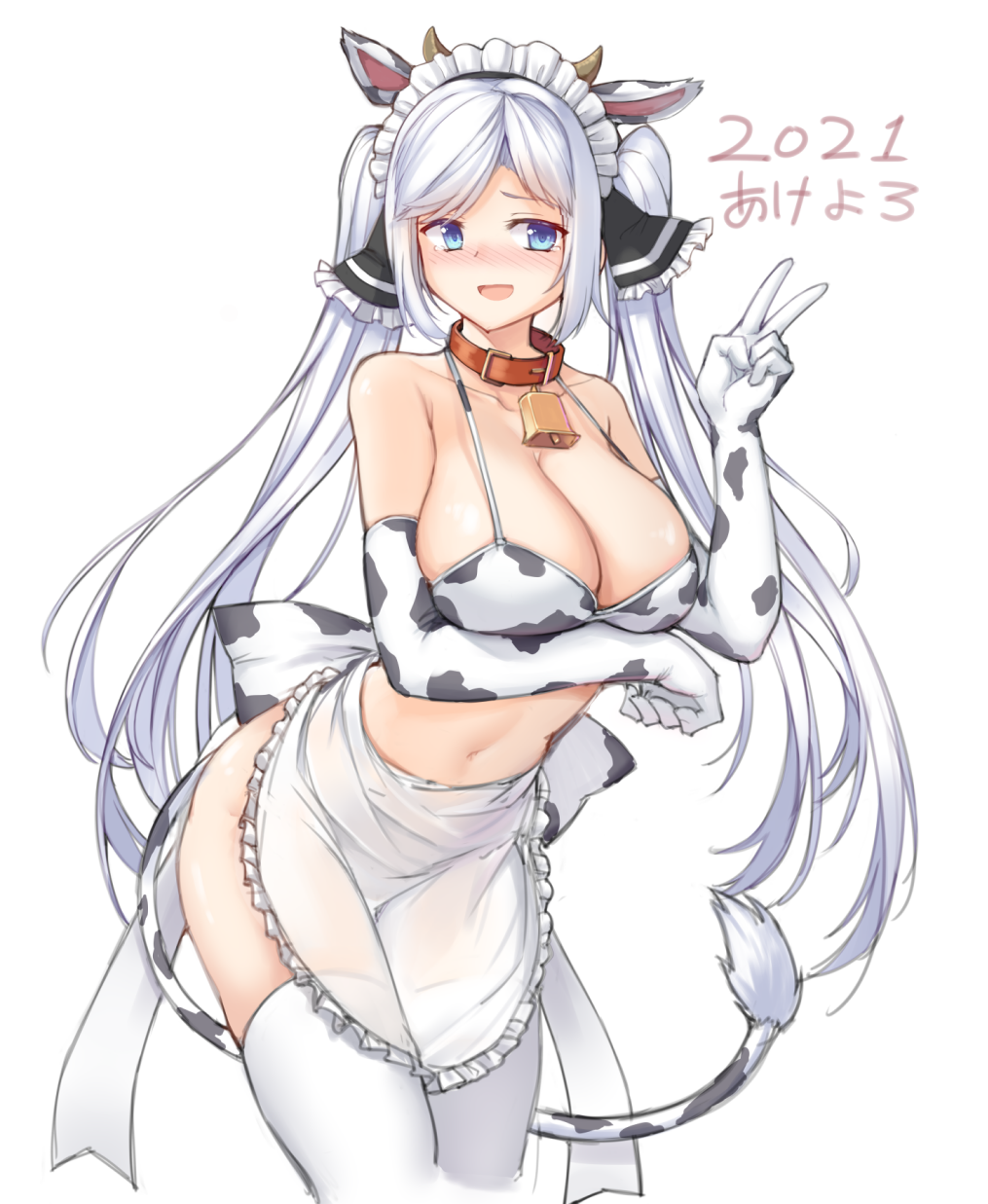 1girl 2021 animal_ears animal_print bell bikini blue_eyes breasts chinese_zodiac cow_ears cow_girl cow_print cow_tail cowbell elbow_gloves gloves highres kuromori_(1010845110) large_breasts long_hair looking_at_viewer maid navel original print_bikini print_gloves simple_background smile solo swimsuit tail thigh-highs twintails v very_long_hair white_background white_hair white_legwear year_of_the_ox