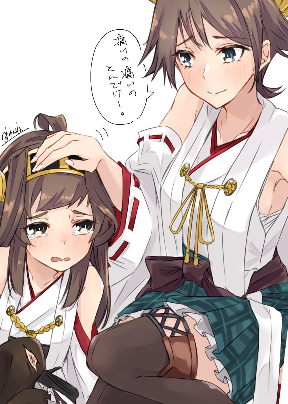 2girls ahoge alakoala blush boots brown_footwear brown_hair commentary_request commission crying detached_sleeves double_bun green_skirt hakama hakama_short_skirt hakama_skirt headgear headpat hiei_(kancolle) highres japanese_clothes kantai_collection kongou_(kancolle) long_hair multiple_girls nontraditional_miko plaid plaid_skirt ribbon-trimmed_sleeves ribbon_trim short_hair signature skeb_commission skirt thigh-highs thigh_boots translation_request