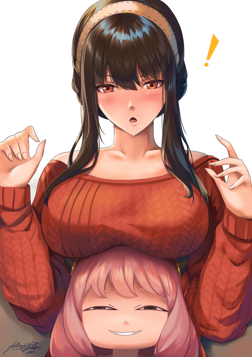 ! 2girls :o anya's_heh_face_(meme) anya_(spy_x_family) bangs black_hair blush breast_rest breasts breasts_on_head child collarbone grin hair_between_eyes hairband hands_up hiroki_ree large_breasts long_hair looking_at_viewer meme mother_and_daughter multiple_girls narrowed_eyes off-shoulder_sweater off_shoulder pink_hair red_eyes red_sweater sidelocks signature smile spy_x_family sweater upper_body white_hairband yor_briar