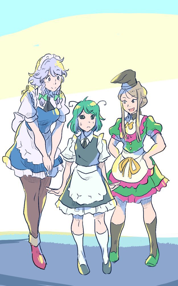 3girls alternate_costume antennae apron braid brown_legwear commentary_request enmaided frilled_apron frills full_body green_hair green_ribbon hair_ribbon hat izayoi_sakuya light_green_hair maid maid_apron maid_headdress multiple_girls pantyhose ribbon short_hair sidelocks smile standing sweatdrop tate_eboshi teireida_mai touhou tress_ribbon twin_braids waist_apron white_apron yutarou