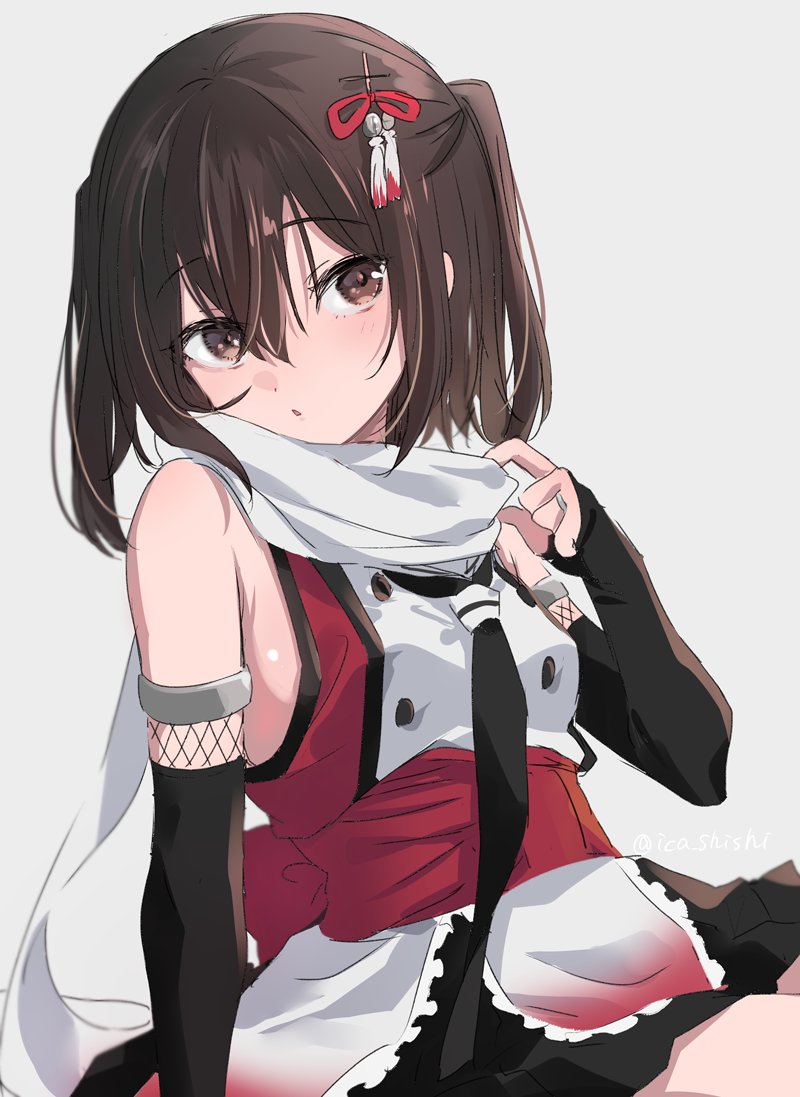 1girl bangs black_gloves black_neckerchief breasts brown_eyes brown_hair elbow_gloves eyebrows_visible_through_hair fingerless_gloves fishnets gloves grey_background hair_between_eyes hair_ornament ica jewelry kantai_collection neckerchief parted_lips ring scarf sendai_(kancolle) sendai_kai_ni_(kancolle) simple_background sleeveless small_breasts solo twitter_username two_side_up white_scarf