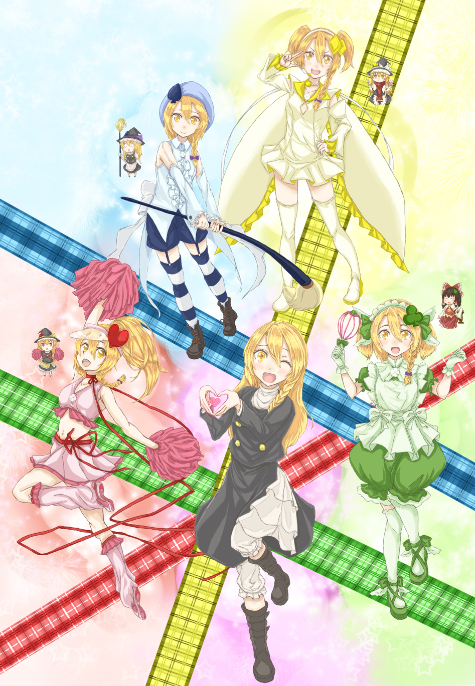5girls amulet_clover amulet_clover_(cosplay) amulet_dia amulet_dia_(cosplay) amulet_heart amulet_heart_(cosplay) amulet_spade amulet_spade_(cosplay) ascot bangs beret black_coat black_footwear black_headwear blonde_hair blue_legwear blush boots bow braid breasts brown_footwear brown_hair cape cheerleader chibi clothing_cutout club_hair_ornament coat collared_shirt commentary_request cookie_(touhou) cosplay diamond_hair_ornament dress full_body garter_straps green_dress haiperion_buzan hair_between_eyes hair_bow hair_ornament hakurei_reimu hat heart heart_hair_ornament heart_hands highres kanna_(cookie) kirisame_marisa long_hair long_sleeves looking_at_viewer mars_(cookie) medium_breasts multiple_girls one_eye_closed open_mouth pink_skirt pink_sports_bra pom_pom_(cheerleading) ponytail purple_bow rei_(cookie) shirt shoes shoulder_cutout shugo_chara! side_braid single_braid skirt sleeveless sleeveless_shirt smile spade_hair_ornament sports_bra striped striped_legwear thigh-highs touhou two_side_up uzuki_(cookie) visor_cap white_dress white_legwear white_shirt witch_hat yellow_ascot yellow_eyes