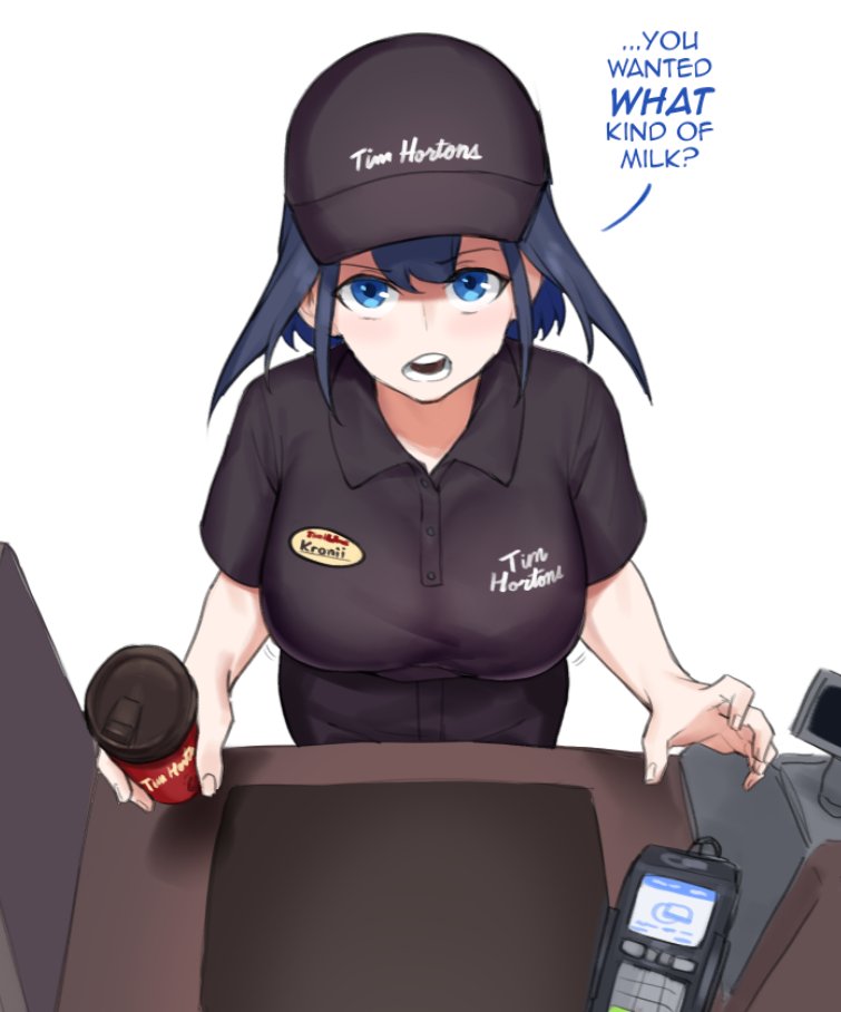 1girl baseball_cap black_headwear black_shirt blue_eyes blue_hair breasts collared_shirt dasdokter english_commentary english_text from_above hat hololive hololive_english medium_breasts name_tag open_hand open_mouth ouro_kronii shirt short_hair solo tim_hortons virtual_youtuber white_background