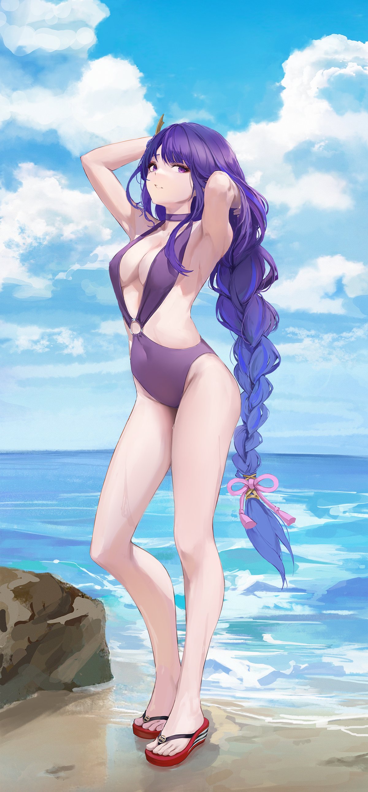 1girl absurdres armpits arms_up bangs beach blue_sky blunt_bangs braid braided_ponytail breasts choker clouds cloudy_sky day error foreshortening full_body genshin_impact hair_ornament highres hiki_niito horizon large_breasts long_hair looking_at_viewer mole mole_under_eye o-ring o-ring_swimsuit ocean one-piece_swimsuit outdoors parted_lips purple_hair purple_swimsuit raiden_shogun sky standing swimsuit thighs very_long_hair violet_eyes water wet
