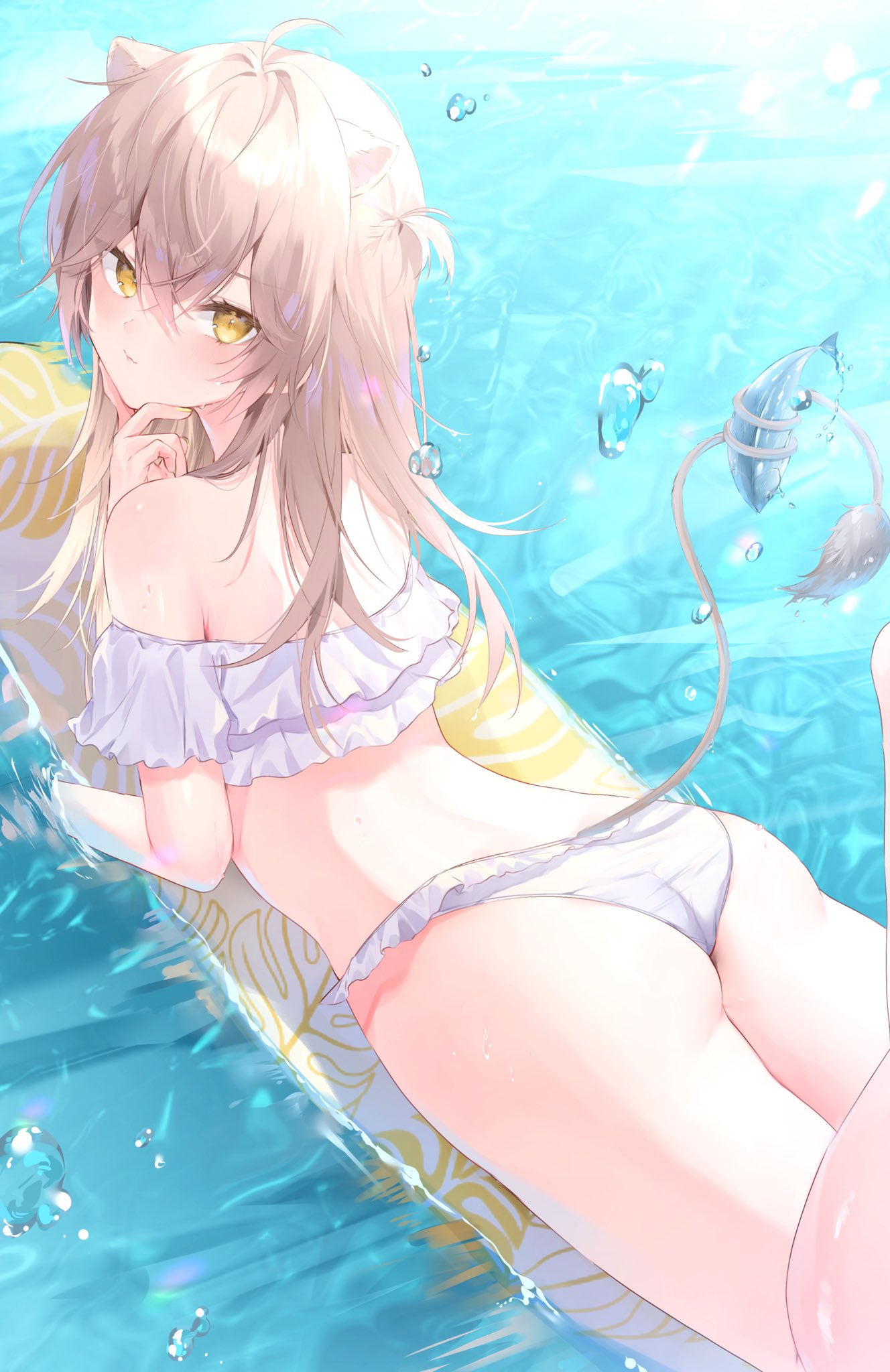 1girl animal_ears ass back bangs bikini blush brown_hair closed_mouth commentary_request crossed_bangs feet_up fish frilled_bikini frills harui_(hr_x9_) highres indie_virtual_youtuber long_hair looking_at_viewer lying on_stomach rurudo_lion surfboard swimsuit tail thighs water water_drop wet white_bikini yellow_eyes