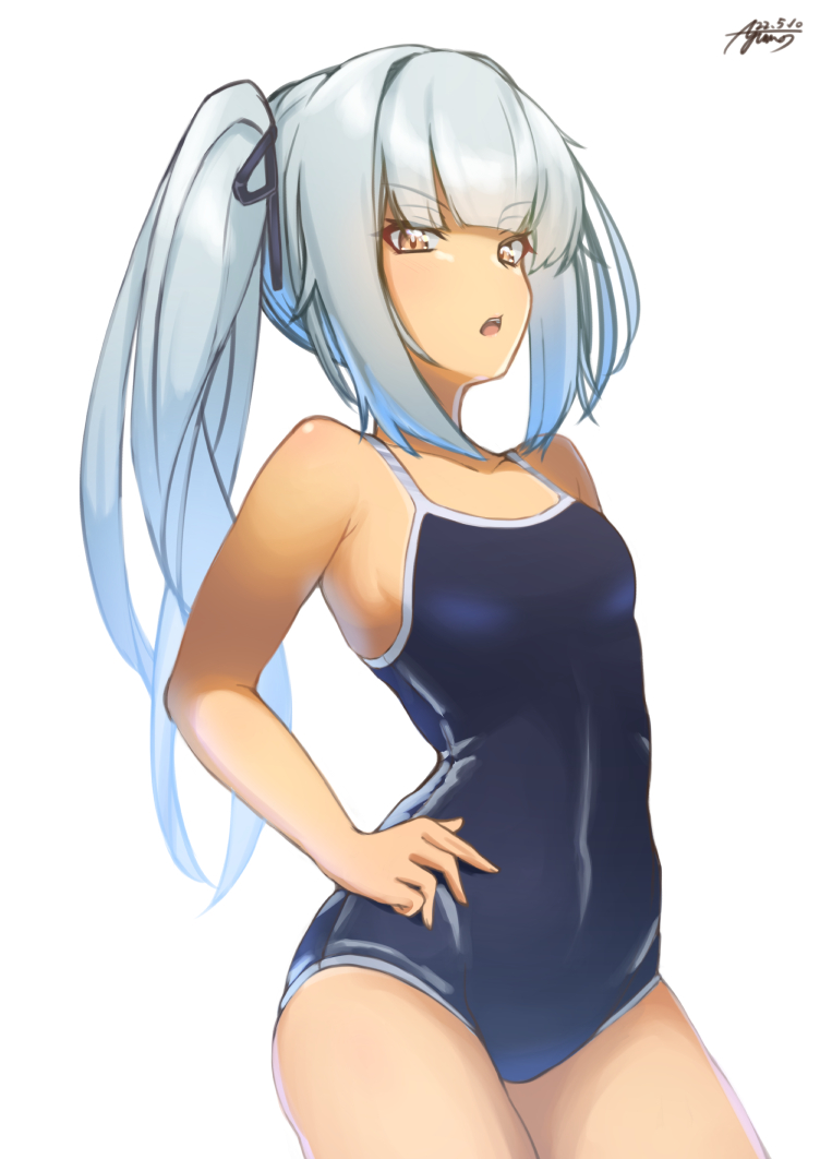 1girl ayuman black_ribbon blue_swimsuit collarbone competition_school_swimsuit competition_swimsuit covered_navel dated eyebrows_visible_through_hair flat_chest grey_hair hair_between_eyes hair_ribbon hand_on_hip kantai_collection kasumi_(kancolle) long_hair looking_back one-piece_swimsuit open_mouth ribbon school_swimsuit side_ponytail signature simple_background swimsuit white_background yellow_eyes