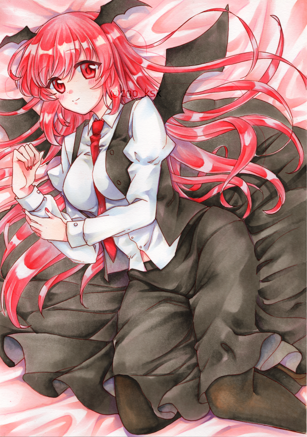 1girl bat_wings between_breasts black_legwear black_skirt black_vest blush breasts buttons collared_shirt dot_nose dress_shirt eyebrows_visible_through_hair feet_out_of_frame from_above hair_between_eyes head_wings juliet_sleeves kimidori_kisuke koakuma long_hair long_sleeves looking_at_viewer lying marker_(medium) medium_breasts midriff_peek nail_polish necktie necktie_between_breasts open_clothes open_vest puffy_sleeves red_eyes red_necktie redhead shirt skirt skirt_set smile solo touhou traditional_media very_long_hair vest white_shirt wings