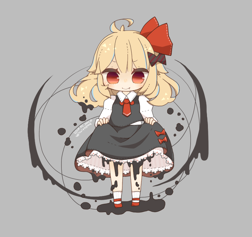 1girl ahoge ascot bangs black_skirt black_vest blonde_hair bow closed_mouth clothes_lift darkness dated fang full_body grey_background hair_bow hair_ribbon lifted_by_self long_sleeves looking_at_viewer medium_hair one-hour_drawing_challenge red_ascot red_eyes red_ribbon ribbon rumia shirt simple_background skirt skirt_lift smile standing striped striped_bow touhou twitter_username vest white_shirt yaco_(nuitnotte)