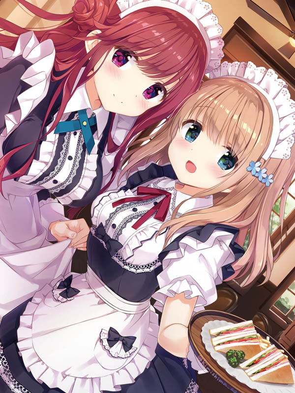 2girls apron blonde_hair blue_eyes blush breasts closed_mouth clothes_lift dress ear_focus flower food frilled_apron frilled_dress frilled_skirt frills hair_flower hair_ornament hairpin kimishima_ao lace lace-trimmed_dress lace-trimmed_skirt lace_trim large_breasts long_hair looking_at_viewer looking_to_the_side maid maid_apron maid_day maid_headdress medium_breasts multiple_girls open_mouth original red_ribbon redhead ribbon sandwich shiny shiny_hair shiny_skin skirt skirt_lift small_breasts smile violet_eyes