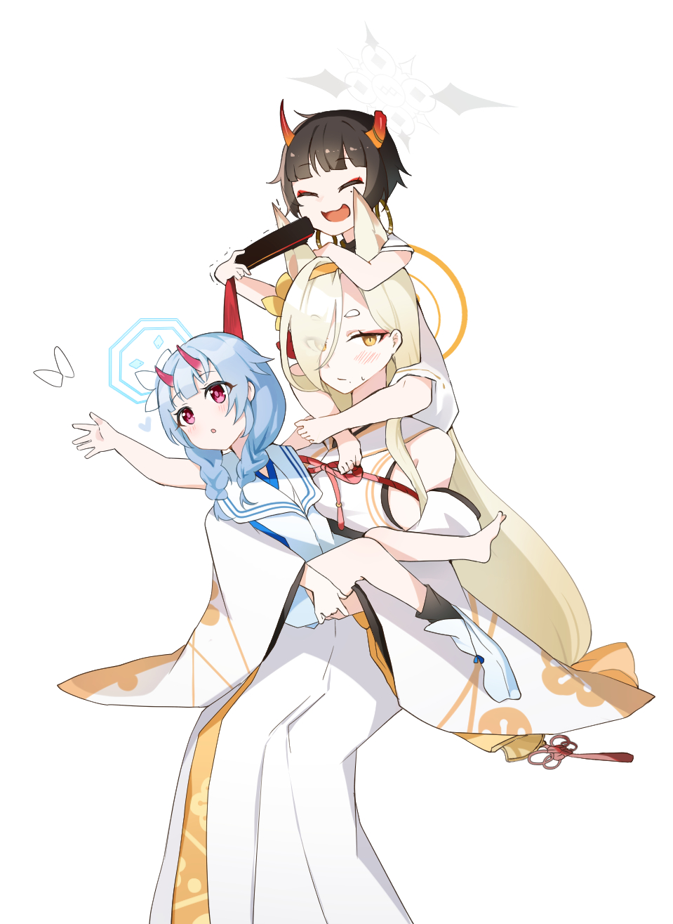 3girls :d animal_ears azi_sai baby_carry black_hair blonde_hair blue_archive blue_hair blush braid broken_horn carrying child chise_(blue_archive) closed_eyes earrings eyeshadow flower hair_flower hair_ornament halo hand_fan highres holding holding_fan hoop_earrings horns invisible_chair japanese_clothes jewelry kaho_(blue_archive) kimono long_hair long_sleeves looking_at_viewer makeup mole mole_under_eye multiple_girls niya_(blue_archive) oni_horns red_eyes red_eyeshadow red_horns short_hair simple_background sitting smile twin_braids white_background white_kimono wide_sleeves yellow_eyes younger