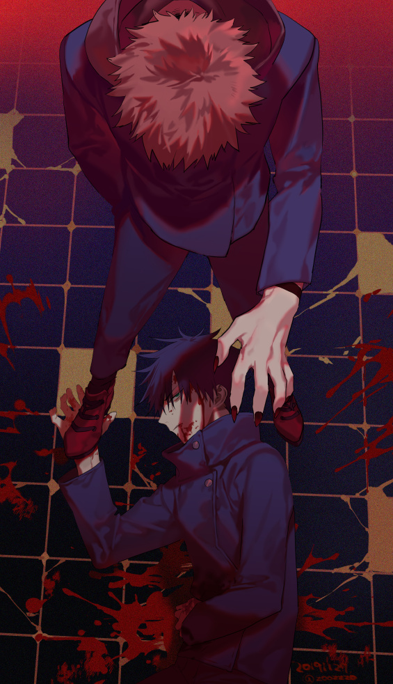 2boys arm_tattoo black_hair black_jacket black_nails black_pants bleeding blood blood_on_clothes buttons closed_mouth commentary_request fingernails frown fushiguro_megumi green_eyes high_collar injury itadori_yuuji jacket jujutsu_kaisen long_sleeves looking_at_another looking_down looking_up lying male_focus multiple_boys pants pink_hair red_footwear ryoumen_sukuna_(jujutsu_kaisen) school_uniform shadow sharp_fingernails standing tattoo wuzhiang_liufu