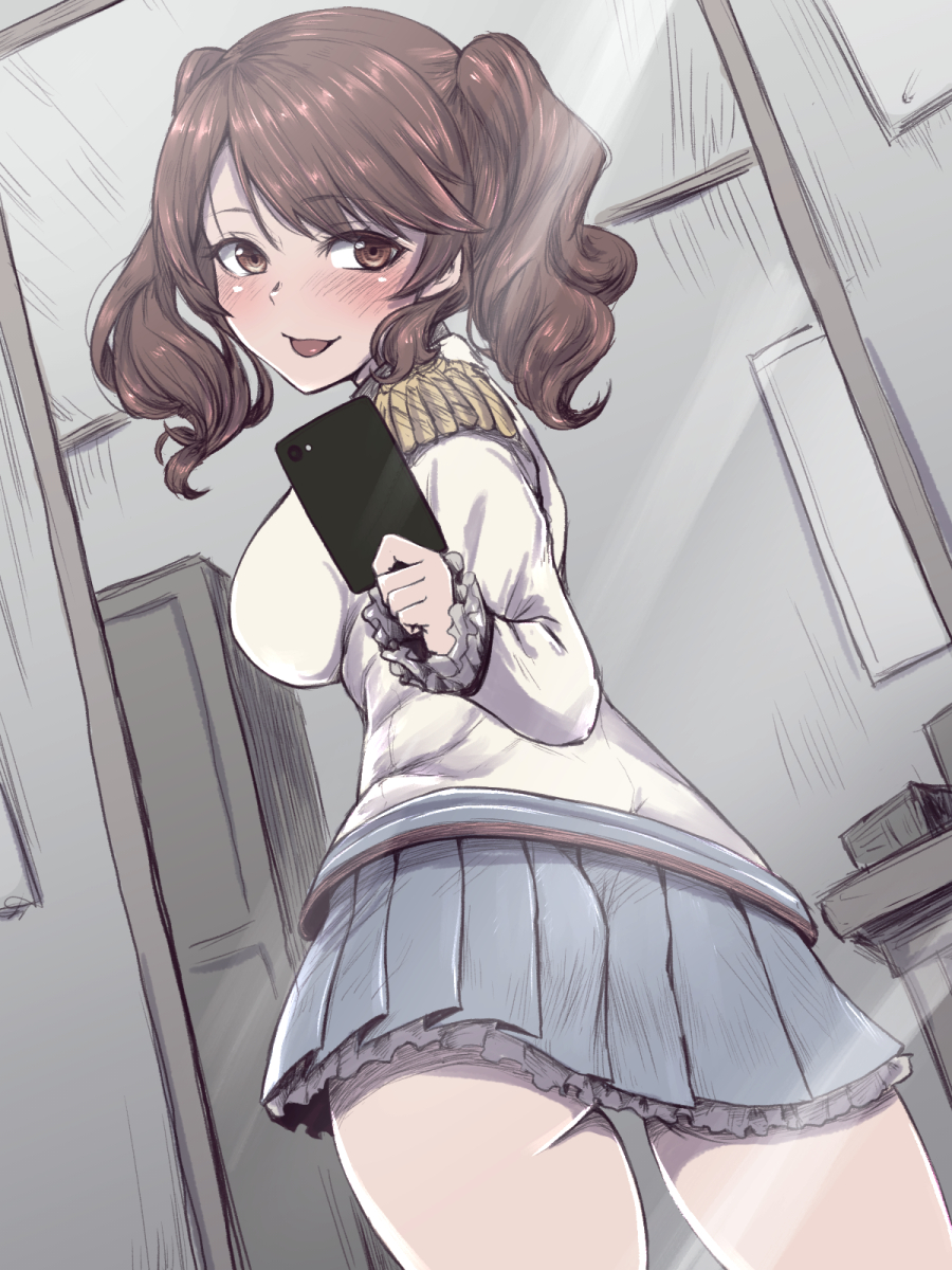 1girl :p ass blush brave_witches breasts brown_eyes brown_hair cellphone contrapposto dutch_angle epaulettes frilled_cuffs frilled_skirt frills from_side grey_skirt highres karibuchi_takami large_breasts liar_lawyer mirror phone reflection skirt smartphone solo strike_witches tongue tongue_out world_witches_series