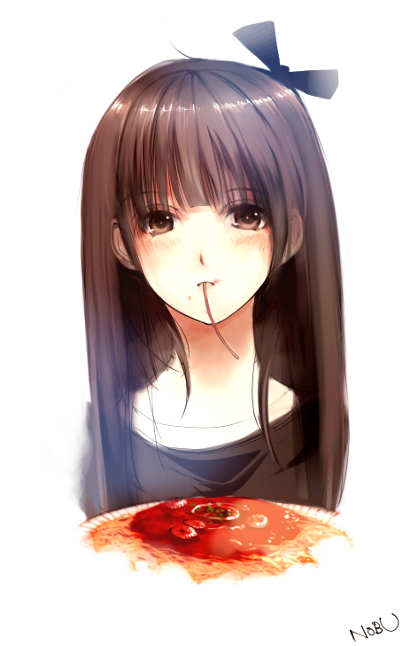 brown_hair eating face food hair_ribbon mouth_hold nobusnow original ribbon solo spaghetti