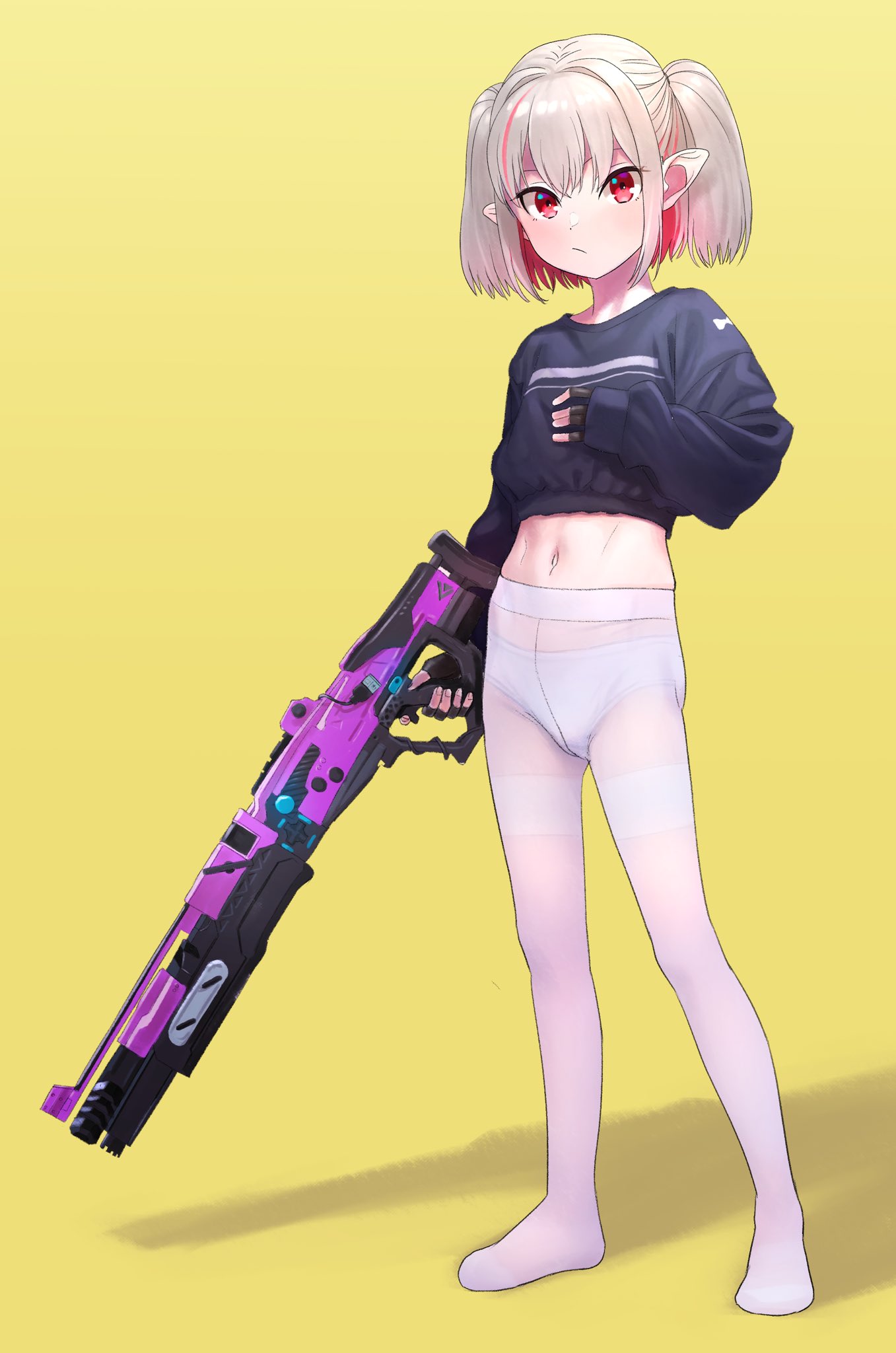1girl bangs black_shirt closed_mouth commentary_request cropped_shirt eyebrows_behind_hair full_body gun hair_between_eyes hand_on_own_chest highres holding holding_gun holding_weapon light_blush light_brown_hair long_hair long_sleeves looking_at_viewer makaino_ririmu midriff multicolored_hair nijisanji no_shoes panties panties_under_pantyhose pantyhose pointy_ears red_eyes redhead sabamen shirt simple_background sleeves_past_wrists solo standing streaked_hair twintails underwear weapon white_legwear white_panties yellow_background
