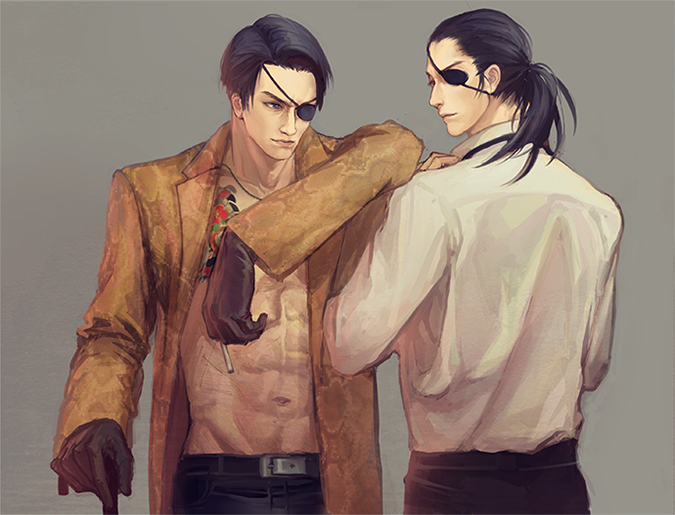2boys abs bandages black_pants dressing dual_persona evolution eyepatch fangs formal future holding holding_weapon jacket leather leather_pants majima_gorou multiple_boys on_person on_shoulder open_clothes open_shirt pants ponytail ryuu_ga_gotoku ryuu_ga_gotoku_0 ryuu_ga_gotoku_1 snake_print spoilers teeth time_paradox timeskip transformation waluntin weapon