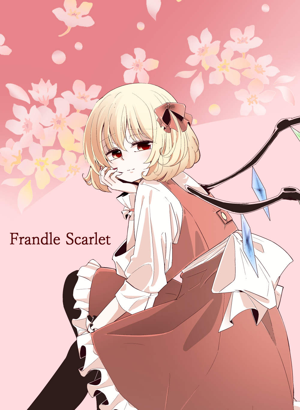 1girl back_bow bangs black_legwear blonde_hair blush bow character_name closed_mouth collared_shirt commentary eyebrows_visible_through_hair feet_out_of_frame flandre_scarlet frilled_skirt frills from_side hair_between_eyes hair_ribbon hand_on_own_cheek hand_on_own_face head_rest highres long_sleeves looking_to_the_side no_hat no_headwear pantyhose red_eyes red_ribbon red_skirt red_vest ribbon shirt short_hair sitting skirt skirt_set smile snakku solo touhou vest wavy_hair white_bow white_shirt wings wrist_cuffs