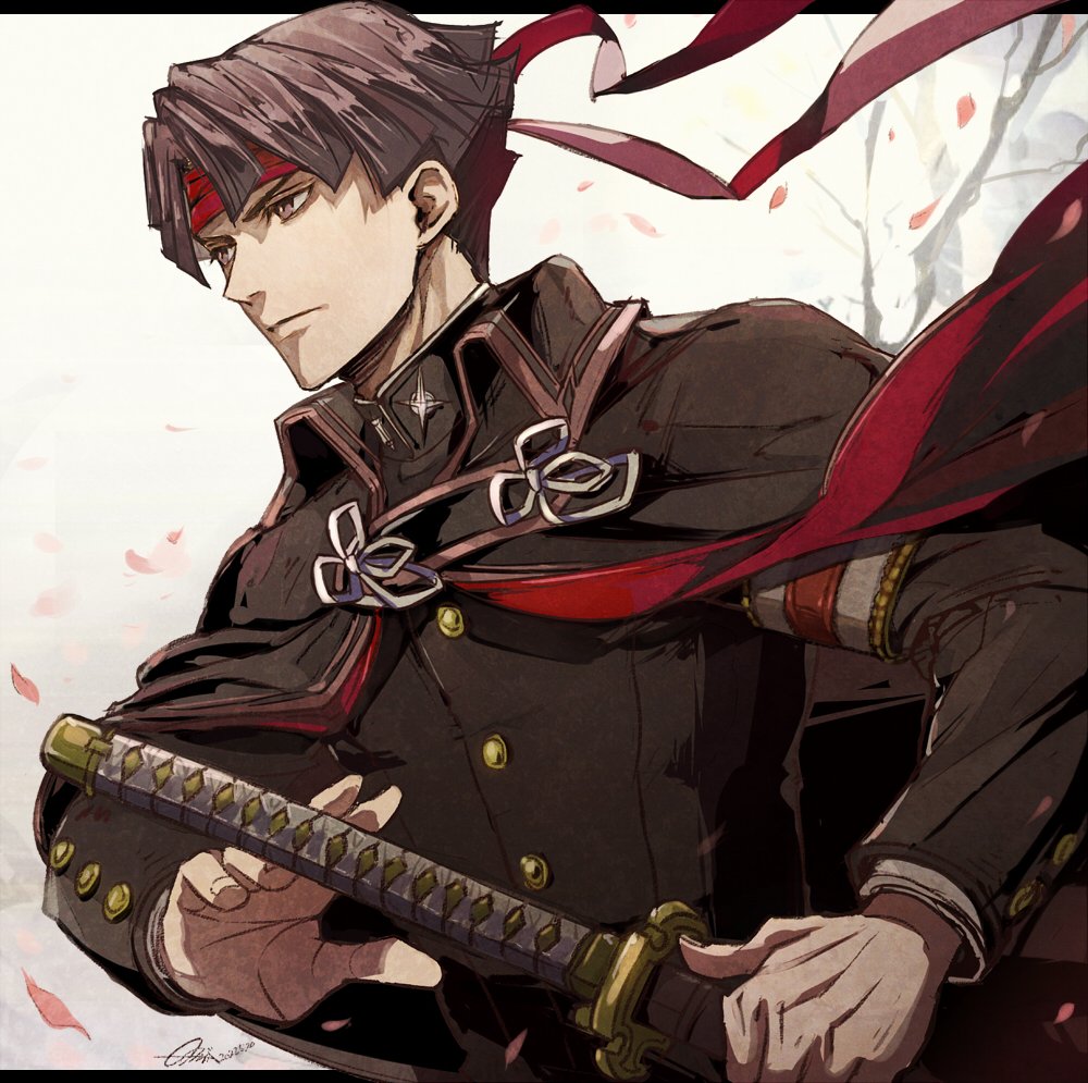 1boy ace_attorney armband bangs black_cloak black_eyes black_hair black_jacket cloak closed_mouth falling_petals gakuran headband holding holding_sword holding_weapon jacket katana kazuma_asogi long_sleeves looking_away male_focus nijihayashi petals red_headband scabbard school_uniform sheath sheathed short_hair solo sword the_great_ace_attorney upper_body weapon white_armband white_background