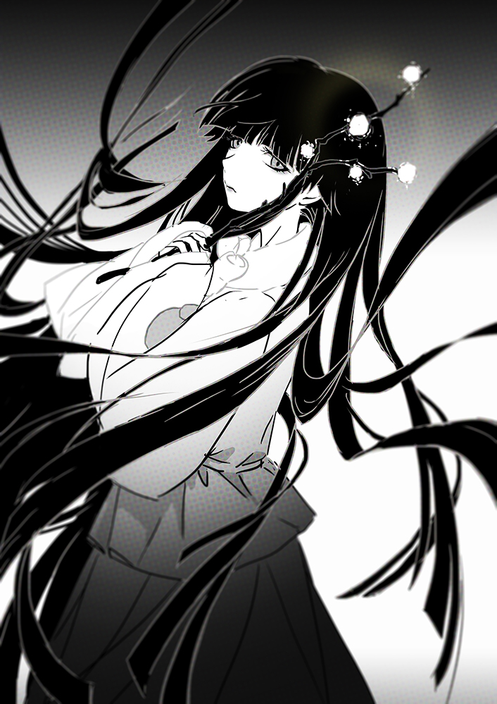 1girl branch closed_mouth cowboy_shot floating_hair from_side greyscale hands_up holding holding_branch houraisan_kaguya jeweled_branch_of_hourai light_frown lips long_hair long_sleeves looking_at_viewer monochrome own_hands_together seeker shirt sideways_glance skirt solo touhou very_long_hair wide_sleeves