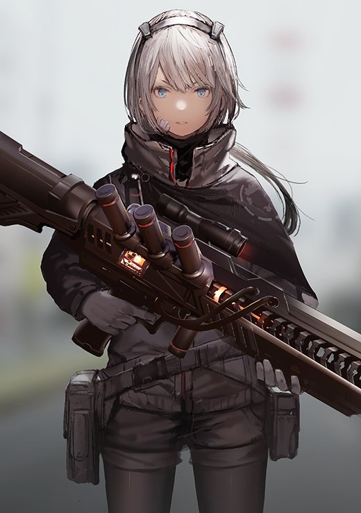 1girl 3d bandaid bandaid_on_cheek bandaid_on_face belt_pouch black_legwear blue_eyes blurry blurry_background gloves grey_gloves grey_hair grey_jacket gun hair_between_eyes hairband holding holding_gun holding_weapon jacket light_blue_eyes long_hair looking_at_viewer mogumo original pantyhose parted_lips ponytail pouch science_fiction scope solo tube turtleneck weapon