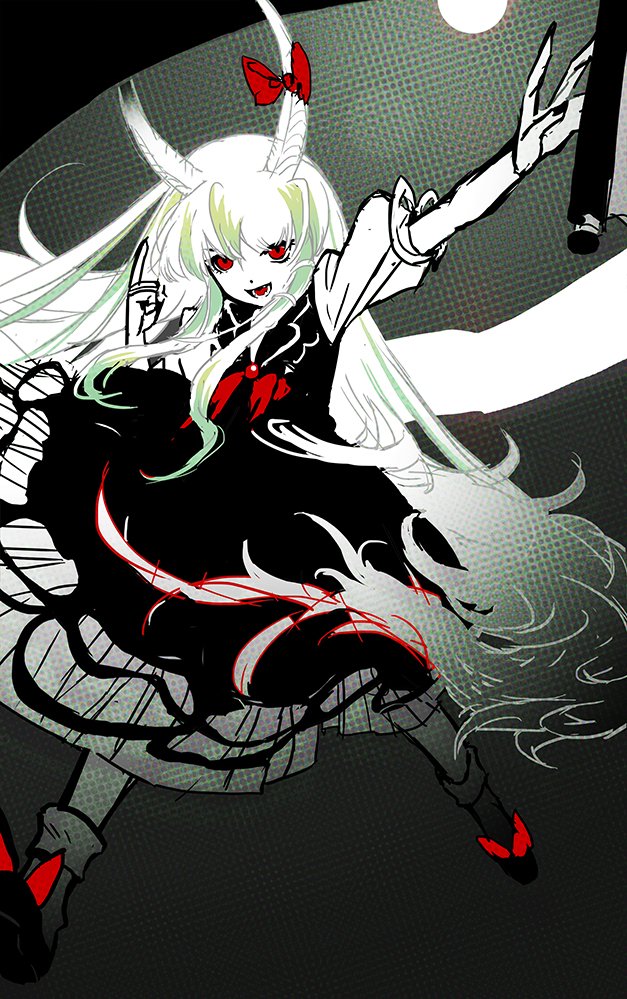 1girl :d black_dress black_footwear bow dress ex-keine footwear_bow full_body green_hair horn_bow horn_ornament horns kamishirasawa_keine long_hair looking_at_viewer lower_teeth neckerchief open_mouth outstretched_arm puffy_short_sleeves puffy_sleeves red_bow red_eyes red_neckerchief scroll seeker shoes short_sleeves sidelocks smile socks solo teeth tongue touhou very_long_hair white_legwear