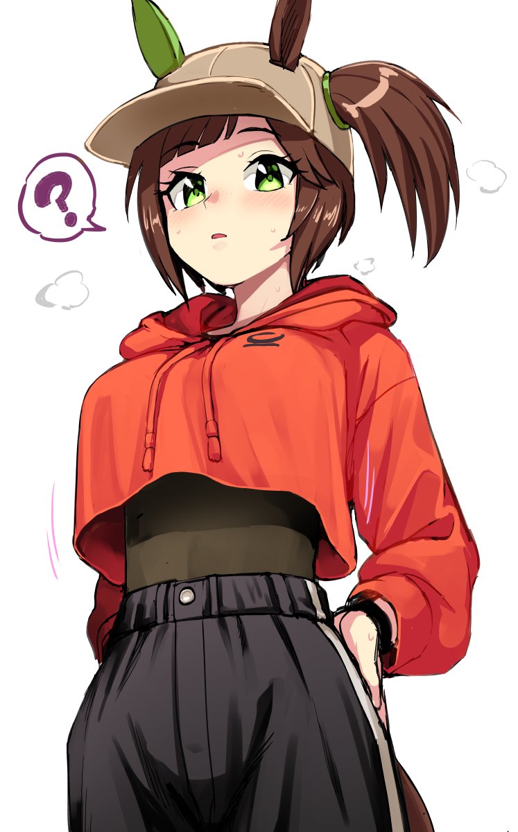 1girl ? animal_ears bangs baseball_cap black_pants black_shirt blush breasts breath brown_hair crop_top cropped_hoodie ears_through_headwear green_eyes hair_through_headwear hands_on_hips hat highres hood hoodie horse_ears horse_girl horse_tail ines_fujin_(umamusume) kumadano looking_at_viewer medium_breasts open_mouth pants red_hoodie shirt short_hair simple_background solo spoken_question_mark sweat tail umamusume watch watch white_background