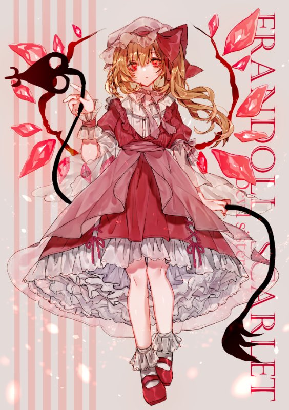 1girl adapted_costume blonde_hair bobby_socks bow bowtie commentary crystal dress english_text engrish_text flandre_scarlet full_body hair_between_eyes hat hat_ribbon holding holding_weapon laevatein_(touhou) looking_at_viewer mary_janes mob_cap one_side_up petticoat pink_bow pink_sash puffy_sleeves ranguage red_dress red_ribbon red_wings ribbon sash see-through shinjitsu_no_kuchi shirt shoes short_hair socks solo touhou weapon white_headwear white_shirt wide_sleeves wings wrist_cuffs