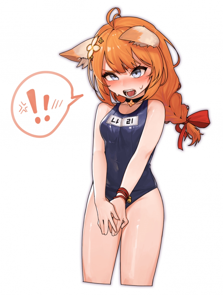 ! 1girl anger_vein animal_ears antenna_hair bell blue_eyes blue_swimsuit blush braid breasts character_name choker covered_navel cropped_legs eight-tailed_fox_nari embarrassed guardian_tales hair_ornament hair_ribbon jingle_bell korean_text long_hair low-tied_long_hair open_mouth orange_hair own_hands_together ribbon sangobob school_swimsuit shiny shiny_skin simple_background single_braid small_breasts solo spoken_anger_vein spoken_blush spoken_exclamation_mark sweat swimsuit teeth white_background wristband