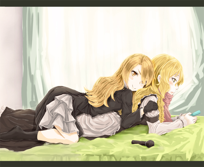 2girls bangs black_coat black_gloves blonde_hair blush closed_mouth coat commentary_request cookie_(touhou) full_body gloves haiperion_buzan holding indoors kirisame_marisa long_hair long_sleeves looking_at_viewer mars_(cookie) microphone multiple_girls nintendo_switch on_bed on_person open_mouth red_scarf rei_(cookie) scarf smile split_mouth touhou yellow_eyes