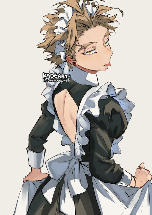 apron back_cutout blonde_hair boku_no_hero_academia clothing_cutout costume ear_piercing earrings facial_hair facial_mark from_behind goatee hawks_(boku_no_hero_academia) jewelry kadeart looking_at_viewer maid maid_apron maid_headdress no_wings piercing short_hair stubble stud_earrings tongue tongue_out yellow_eyes