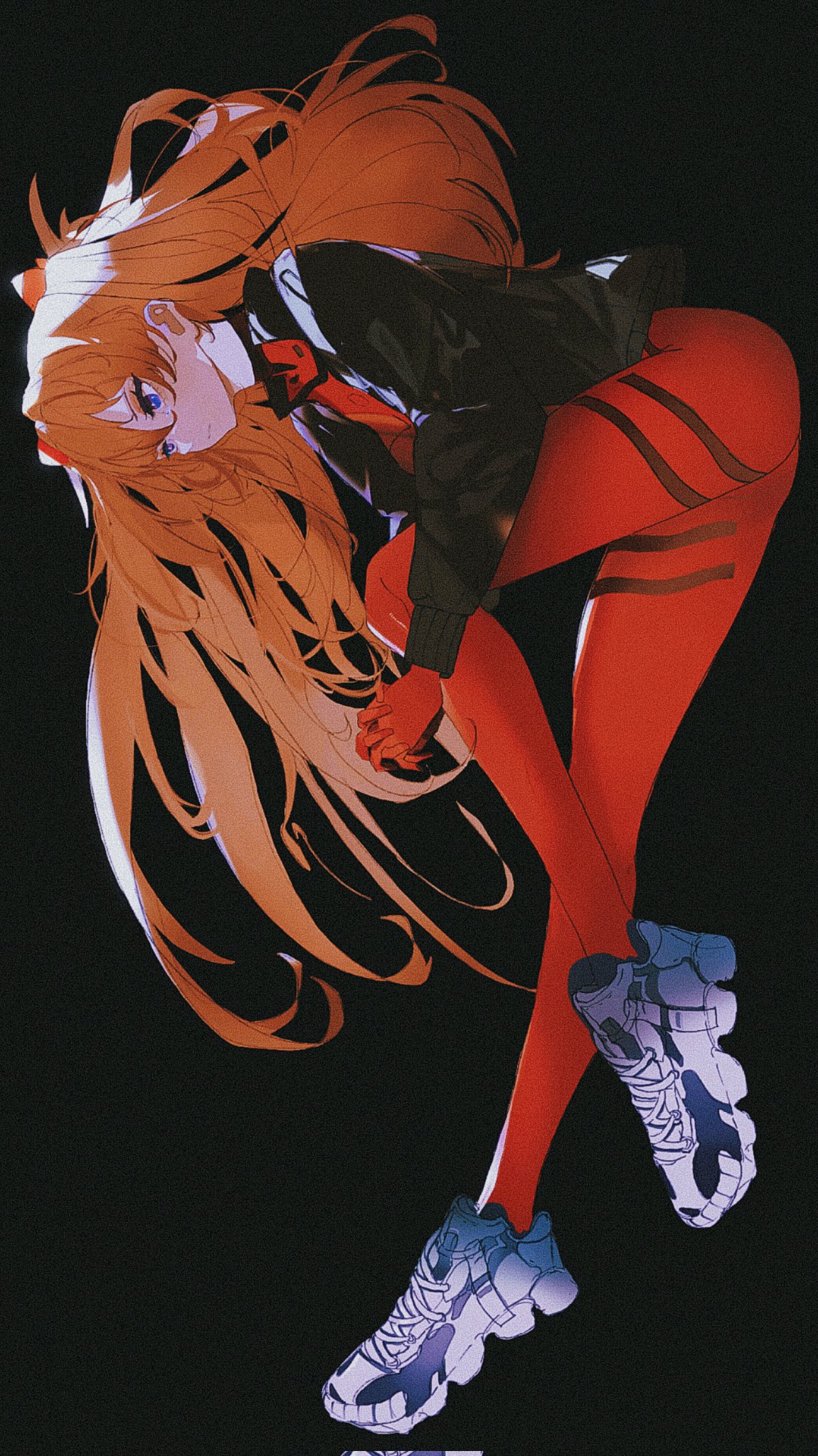 1girl black_background blue_eyes bodysuit full_body highres john_kafka legs neon_genesis_evangelion orange_hair plugsuit red_bodysuit shoes simple_background sneakers solo souryuu_asuka_langley