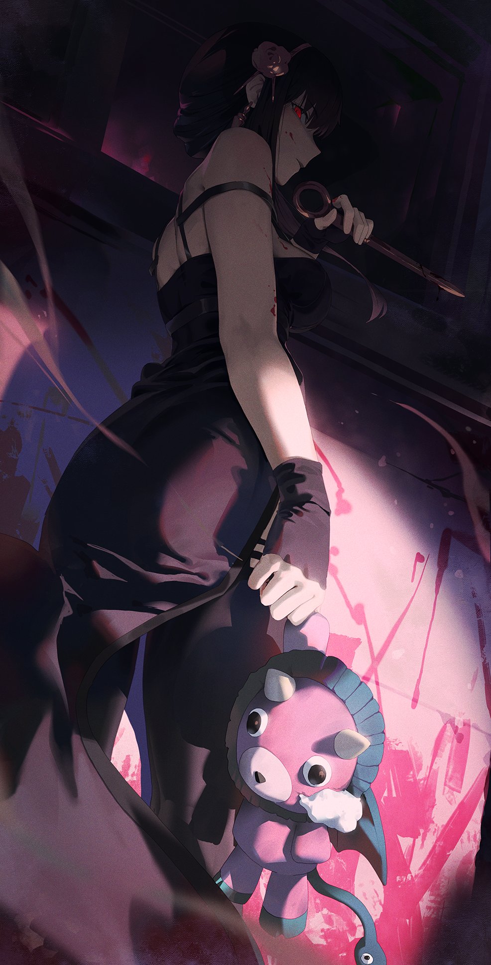 1girl bare_shoulders black_dress black_gloves black_hair black_legwear blood blood_on_arm blood_on_face blood_stain commentary dress fingerless_gloves flower from_behind gloves hair_flower hair_ornament highres holding holding_weapon looking_at_viewer night red_eyes spy_x_family thigh-highs weapon wonchun yor_briar