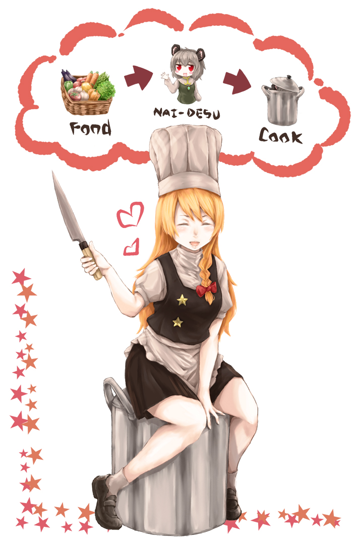 2girls animal_ears apron arrow_(symbol) bangs bell_pepper black_skirt black_vest blonde_hair blush bow braid breasts carrot chef_hat closed_eyes commentary_request cookie_(touhou) eggplant english_text food frilled_apron frills full_body grey_hair haiperion_buzan hair_bow hat heart holding holding_knife implied_cannibalism kirisame_marisa knife lettuce long_sleeves looking_at_viewer medium_breasts mouse_ears mouse_girl multiple_girls nazrin nyon_(cookie) onion open_mouth pepper pot puffy_short_sleeves puffy_sleeves red_bow red_eyes shirt short_hair short_sleeves side_braid single_braid sitting skirt smile star_(symbol) suzu_(cookie) tomato touhou vest waist_apron white_apron white_background white_shirt