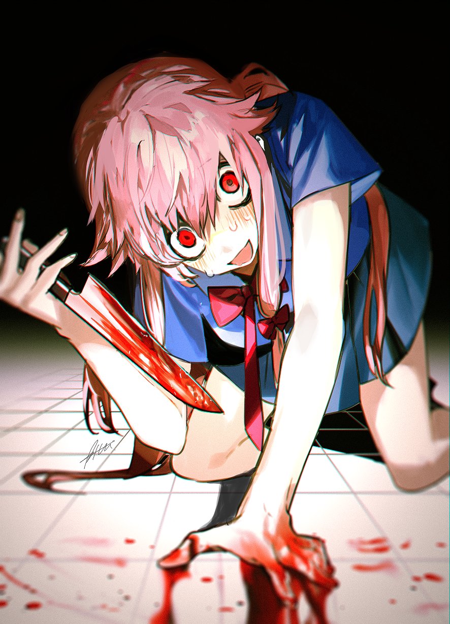 1girl all_fours bangs blood blood_on_hands blood_on_knife blue_skirt blush bow bowtie btmr_game gasai_yuno hair_between_eyes hair_bow highres holding holding_knife knife long_hair looking_at_viewer mirai_nikki on_floor open_mouth pink_hair red_bow red_eyes school_uniform short_sleeves signature skirt solo sweat tile_floor tiles