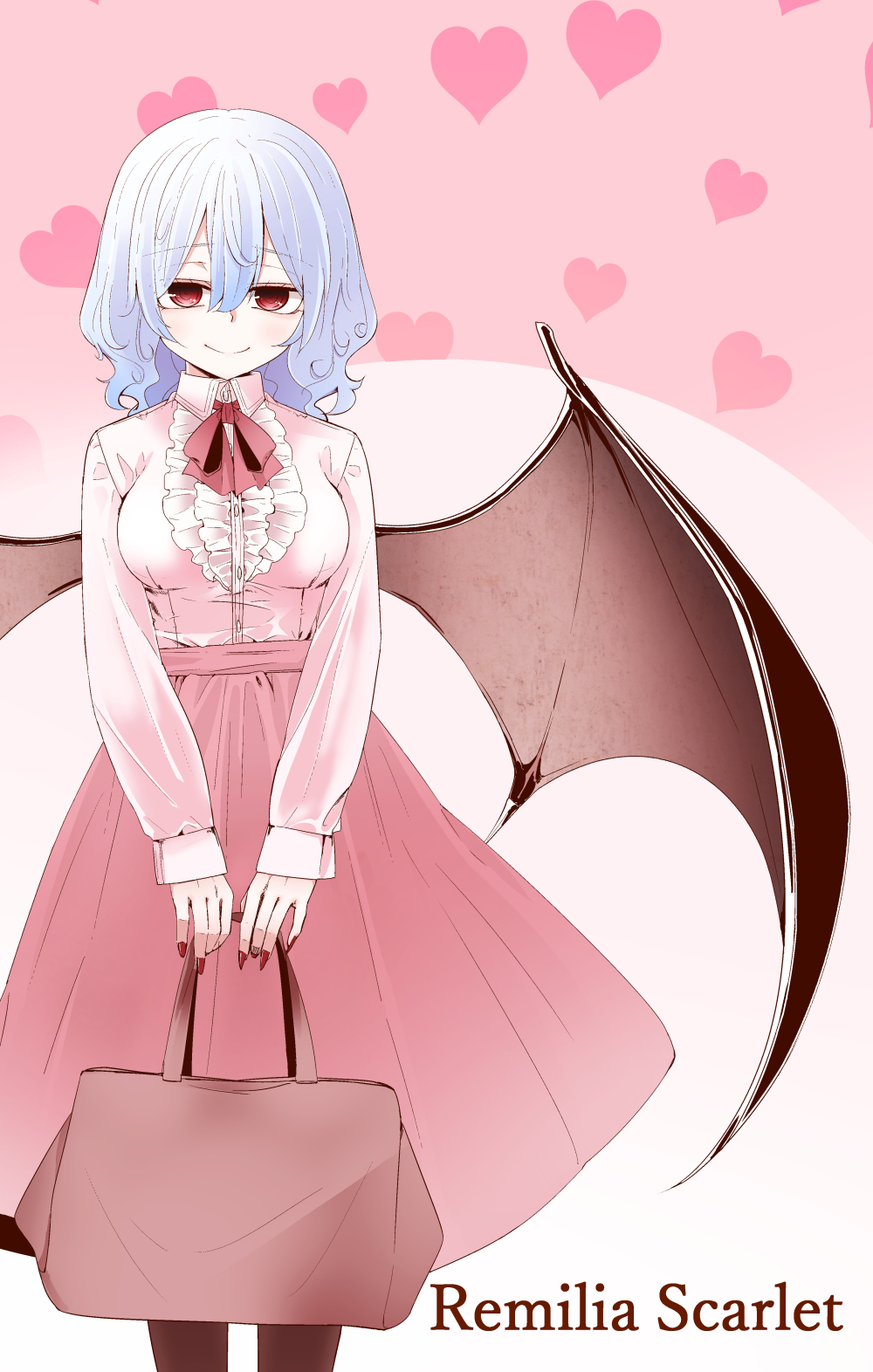 1girl ascot bag bangs bat_wings black_legwear blue_hair blush breasts center_frills character_name closed_mouth collared_shirt commentary eyebrows_visible_through_hair feet_out_of_frame fingernails frills hair_between_eyes highres holding holding_bag long_fingernails long_sleeves looking_at_viewer medium_breasts medium_hair no_hat no_headwear older pantyhose pink_shirt pink_skirt red_ascot red_eyes red_nails remilia_scarlet shirt skirt smile snakku solo standing touhou v_arms wings