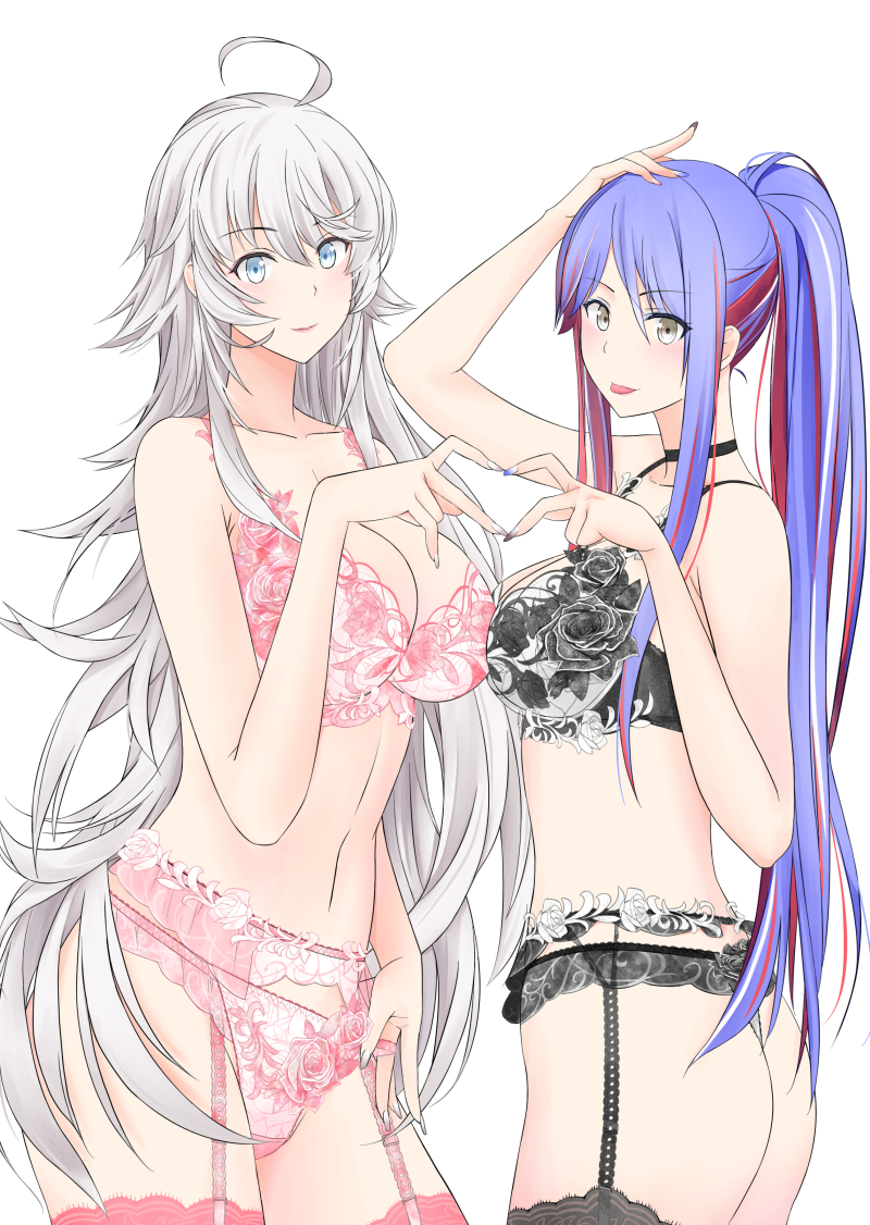 2girls ahoge black_bra black_choker black_legwear black_panties blue_eyes blue_hair bra breasts choker garter_belt grey_eyes grey_hair kantai_collection large_breasts long_hair multicolored_hair multiple_girls navel nuko_(phylactery) panties pink_bra pink_legwear pink_panties ponytail redhead sidelocks south_dakota_(kancolle) star_(symbol) thigh-highs tongue tongue_out underwear underwear_only very_long_hair washington_(kancolle) white_hair