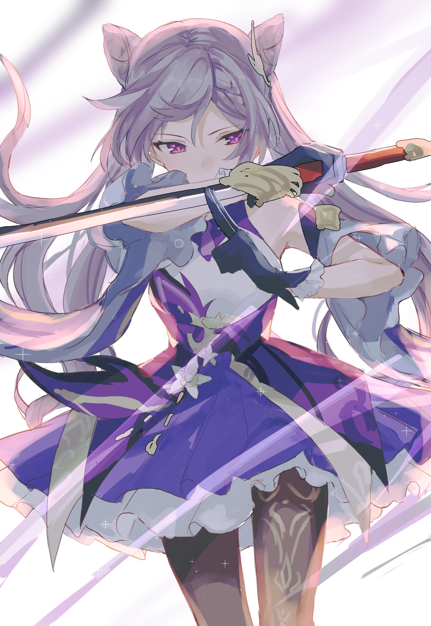 1girl blue_gloves braid brown_legwear double_bun dress frilled_dress frills genshin_impact gloves hair_cones highres holding holding_weapon keqing_(genshin_impact) light_purple_hair long_hair looking_at_viewer purple_dress solo sword tnri_0404 violet_eyes weapon