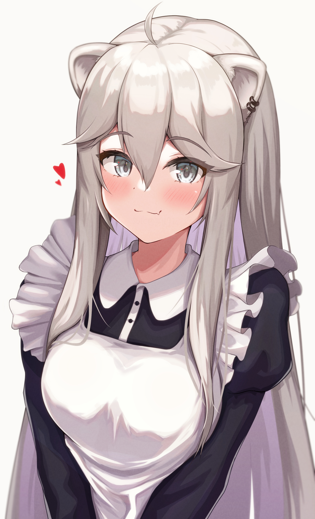 1girl ahoge animal_ears bangs blush ear_piercing grey_eyes grey_hair hair_between_eyes highres hololive lion_ears lion_girl long_hair looking_at_viewer maid piercing shishiro_botan sidelocks smile solo suicabar72 virtual_youtuber