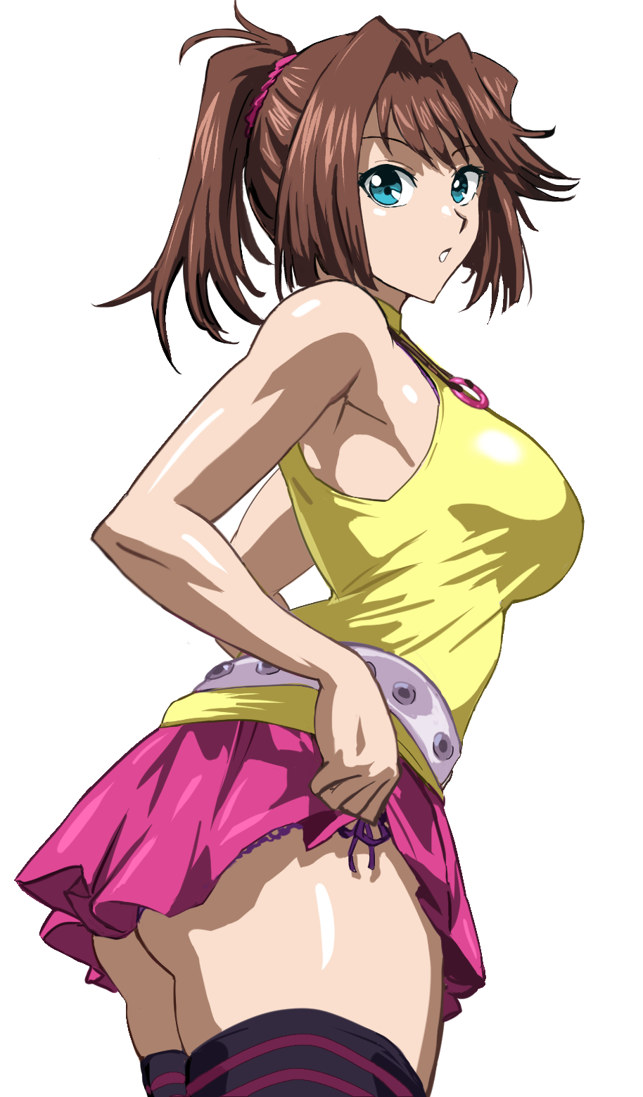 1girl armpits ass bare_arms bare_shoulders blue_eyes breasts brown_hair daraz frilled_skirt frills hair_ornament hair_scrunchie highres lace_trim large_breasts looking_at_viewer looking_back mazaki_anzu panties panty_peek pink_skirt ponytail purple_legwear purple_panties scrunchie shirt side-tie_panties sideboob simple_background skirt sleeveless sleeveless_shirt solo thigh-highs underwear white_background yellow_shirt yu-gi-oh! yu-gi-oh!_duel_monsters yu-gi-oh!_the_dark_side_of_dimensions