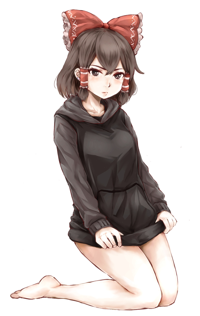 1girl bangs black_eyes black_hoodie blush bottomless bow breasts brown_hair closed_mouth commentary_request cookie_(touhou) expressionless frilled_hair_tubes frills full_body haiperion_buzan hair_between_eyes hair_bow hair_tubes hakurei_reimu highres hood hoodie kneeling looking_at_viewer maru_(cookie) medium_breasts red_bow short_hair simple_background solo touhou white_background