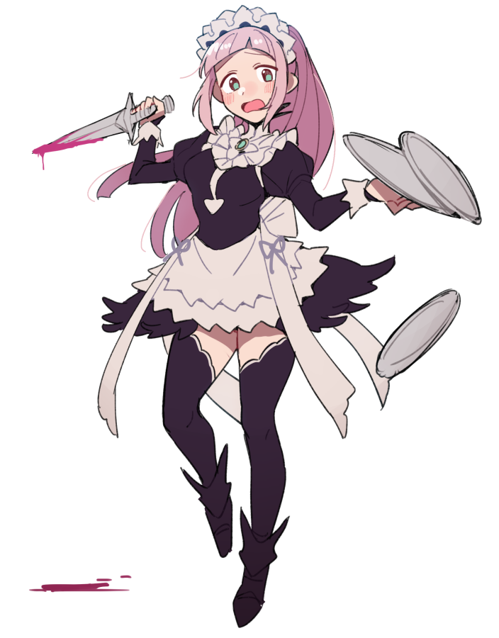 1girl apron bangs black_dress black_footwear black_legwear blunt_bangs blush breasts do_m_kaeru dress felicia_(fire_emblem) fire_emblem fire_emblem_fates full_body green_eyes holding holding_sword holding_tray holding_weapon juliet_sleeves long_hair long_sleeves looking_at_viewer maid maid_headdress medium_breasts open_mouth pink_hair ponytail puffy_sleeves short_sword simple_background solo straight_hair sword thigh-highs tray waist_apron weapon white_apron white_background