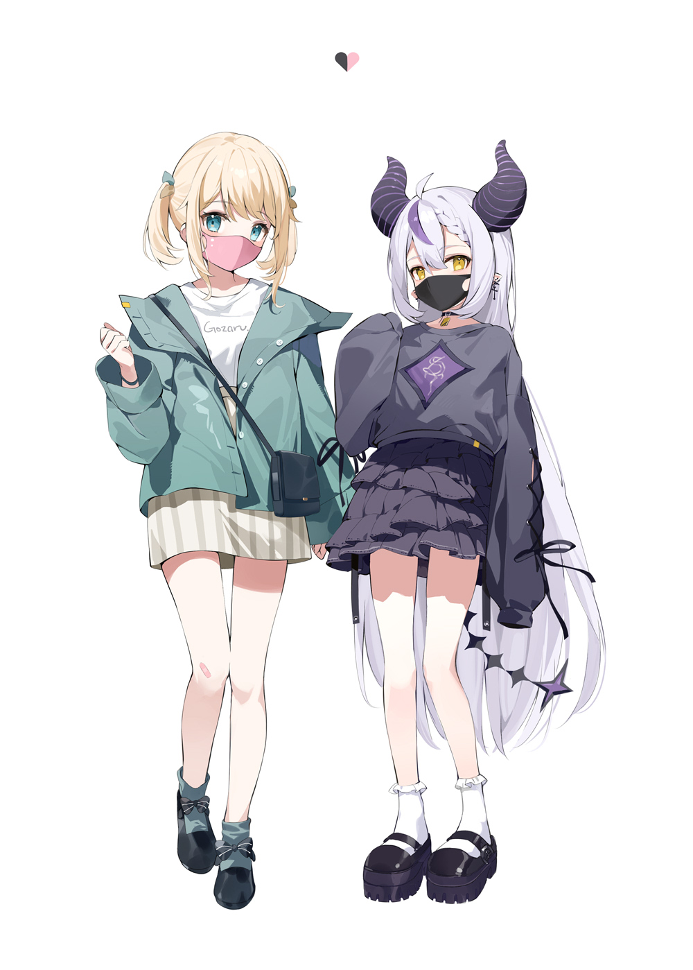 2girls ahoge bag bangs bare_legs black_choker black_footwear black_shirt black_skirt black_sweater blonde_hair braid choker demon_girl demon_horns demon_tail ear_piercing eyebrows_visible_through_hair green_jacket grey_hair hair_between_eyes hana_mori heart highres hololive horns jacket kazama_iroha la+_darknesss layered_skirt long_hair long_sleeves looking_at_viewer mask mouth_mask multicolored_hair multiple_girls open_clothes open_jacket piercing platform_footwear pointy_ears purple_hair purple_skirt shirt shoes short_hair shoulder_bag sidelocks skirt sleeves_past_fingers sleeves_past_wrists socks streaked_hair striped striped_shirt sweater tail twintails vertical-striped_shirt vertical_stripes very_long_hair virtual_youtuber white_legwear white_shirt yellow_eyes yellow_skirt