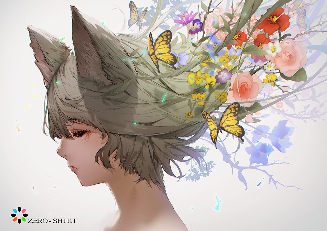 1girl animal_ear_fluff animal_ears blue_flower branch bug butterfly closed_eyes eyebrows_visible_through_hair face flower glowing green_hair long_hair mogumo original parted_lips petals pink_flower pink_lips pink_rose profile purple_flower red_flower rose solo upper_body yellow_butterfly yellow_flower