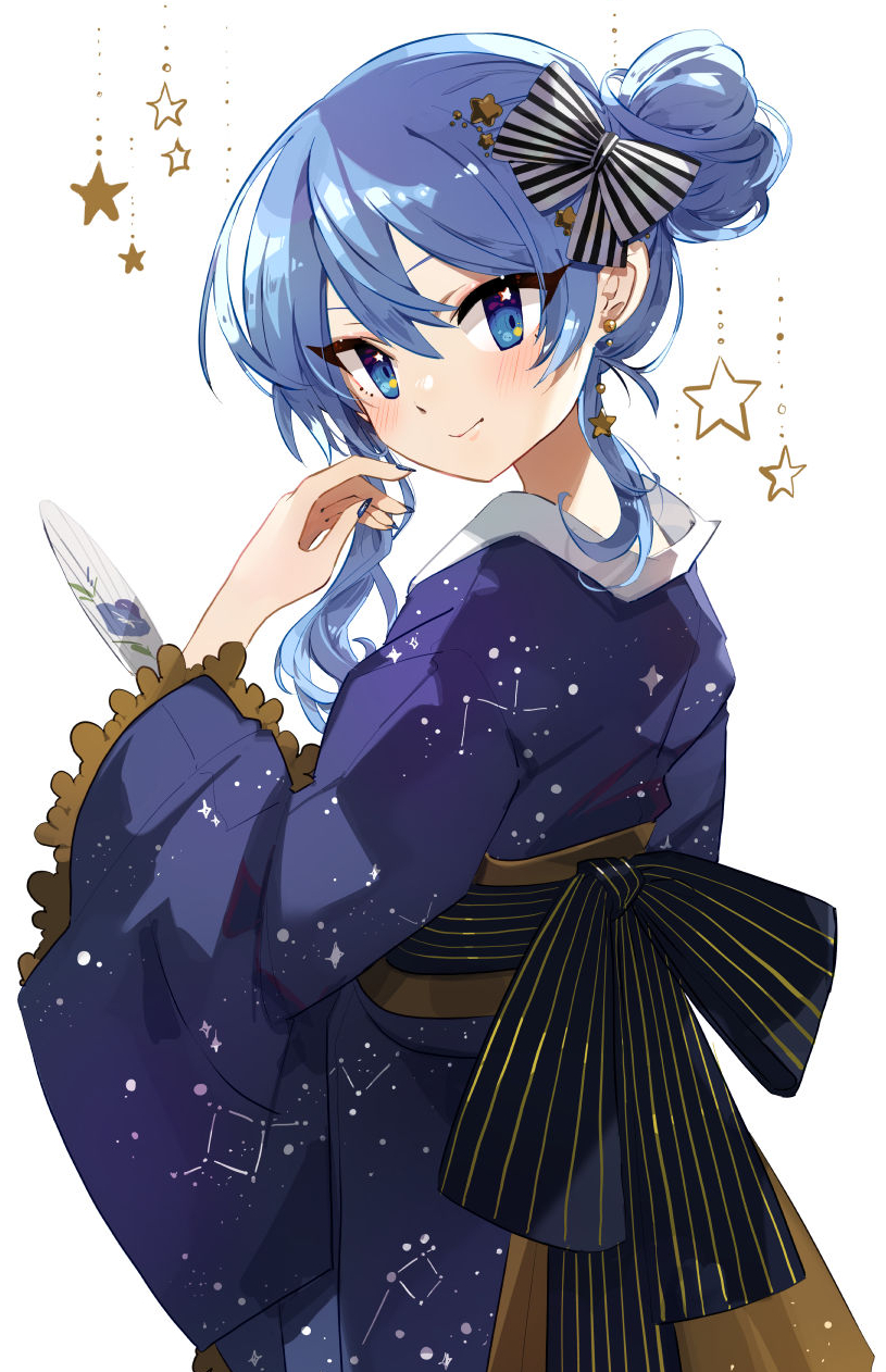 1girl bangs blue_eyes blue_hair blue_kimono blue_nails blush bow closed_mouth constellation_print from_side hair_between_eyes hair_bow hair_bun hair_ornament highres hololive hoshimachi_suisei japanese_clothes kimono long_hair long_sleeves looking_at_viewer looking_to_the_side nail_polish obi print_kimono sash shadowsinking simple_background solo star_(symbol) star_hair_ornament star_in_eye striped striped_bow symbol_in_eye virtual_youtuber white_background wide_sleeves