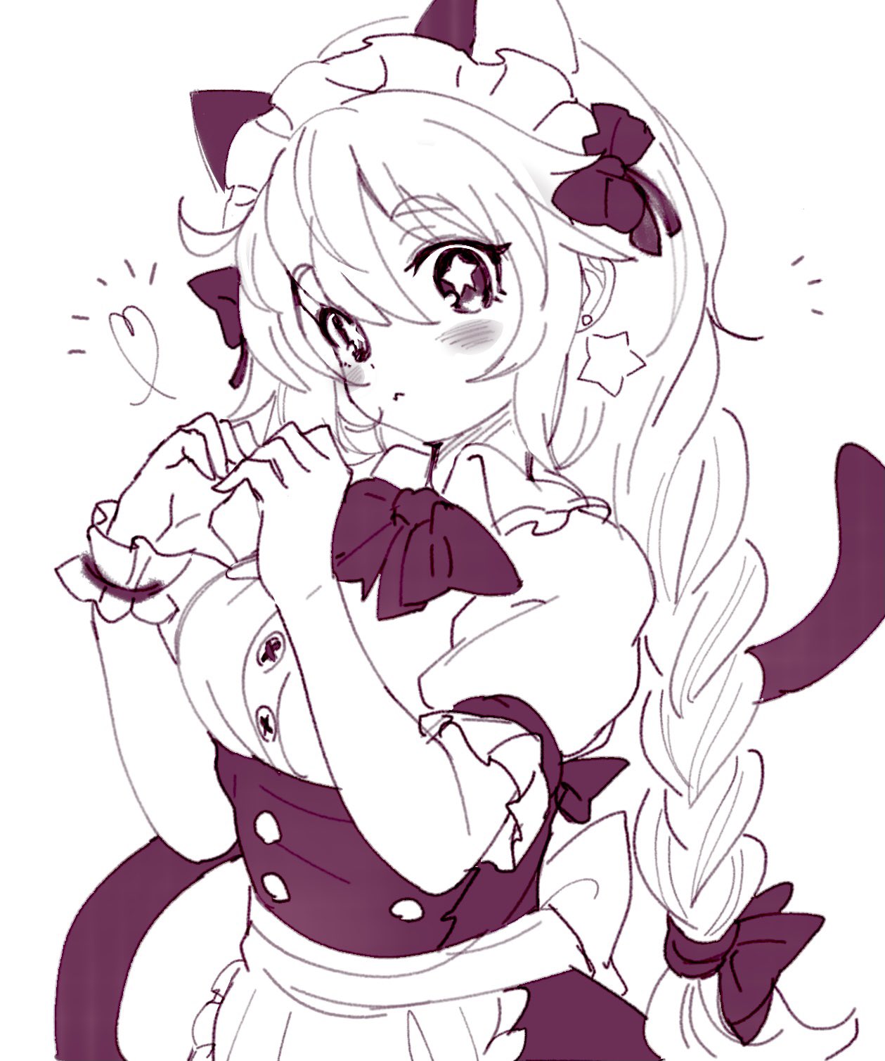 :&lt; ameyu_(rapon) animal_ears apron blush bow braid cat_ears cat_girl cat_tail closed_mouth earrings eyebrows_visible_through_hair frilled_apron frills grey_background hair_bow heart heart_hands highres jewelry long_hair looking_at_viewer maid maid_apron maid_headdress monochrome original simple_background star-shaped_pupils star_(symbol) star_earrings symbol-shaped_pupils tail