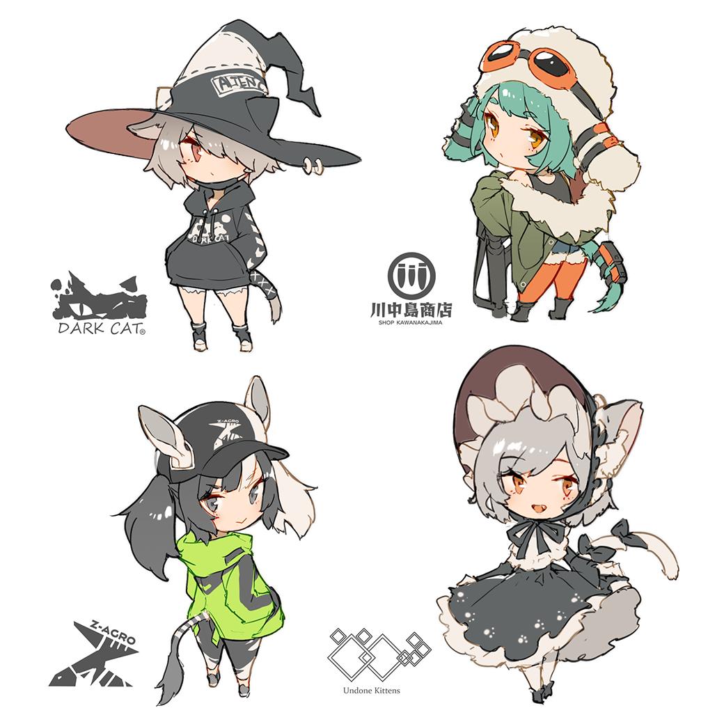 4girls :&gt; animal_ear_fluff animal_ears animal_hood bare_shoulders baseball_cap black_bow black_footwear black_hair black_headwear black_hoodie black_ribbon blush bow chibi closed_mouth clothes_writing dress english_text eyebrows_visible_through_hair fang frills fur-trimmed_hood fur_trim goggles goggles_on_headwear green_hair green_jacket grey_background grey_hair gun hair_over_one_eye hands_in_pockets hat hood hood_down hoodie jacket kemono_fabric leaning leaning_forward light_green_hair long_hair mask mogumo mouth_mask multicolored_hair multiple_girls open_mouth orange_eyes orange_goggles orange_legwear original paw_print pink_eyes pouch ribbon short_eyebrows short_hair simple_background smile standing streaked_hair tail tail_bow tail_ornament twintails weapon white_legwear witch_hat