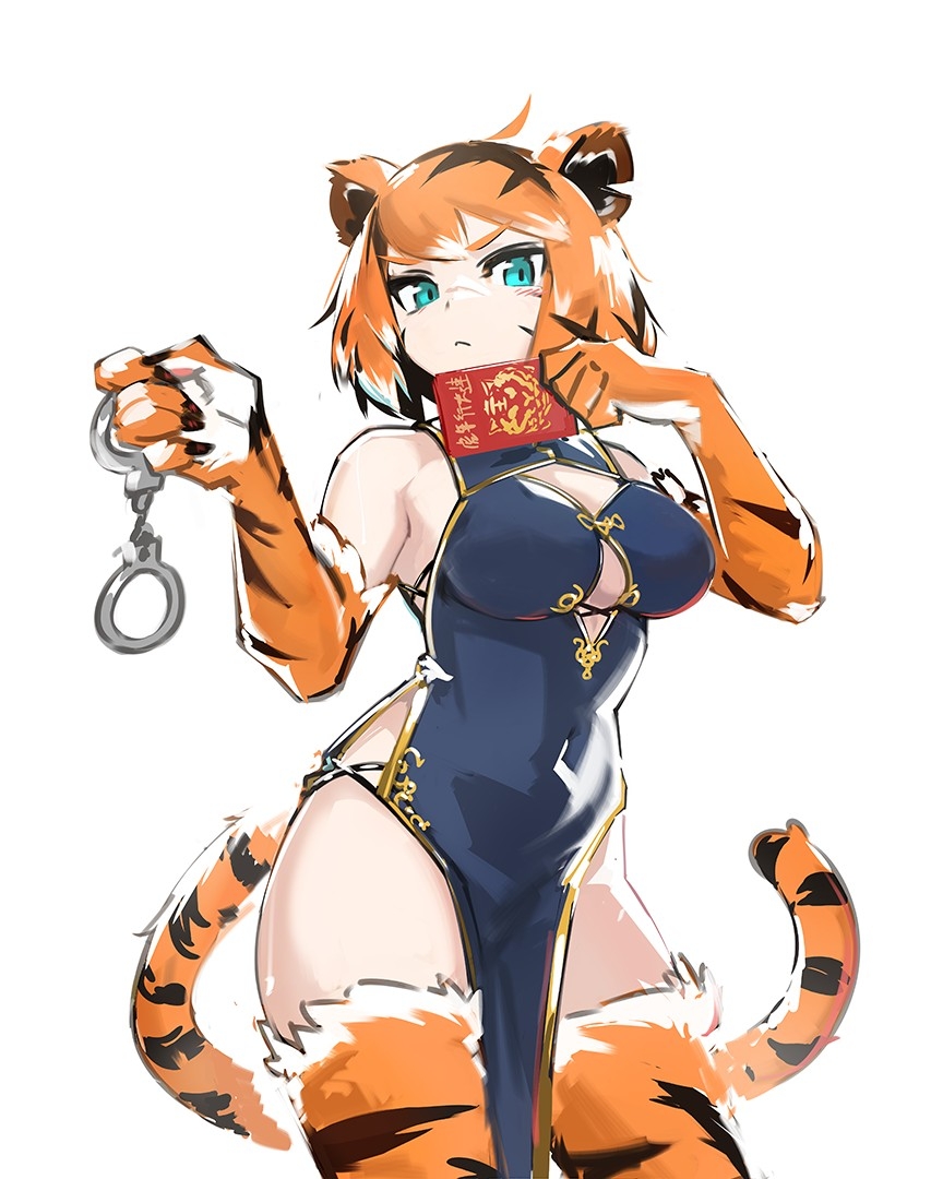 1girl animal_ears animal_feet animal_hands aqua_eyes black_dress breasts china_dress chinese_clothes contrapposto covered_navel cowboy_shot cuffs deel_(rkeg) dress fur handcuffs large_breasts looking_at_viewer multicolored_hair no_panties orange_hair orc_massage pelvic_curtain short_hair simple_background solo streaked_hair tail tiger_ears tiger_girl_(orc_massage) tiger_tail v-shaped_eyebrows white_background