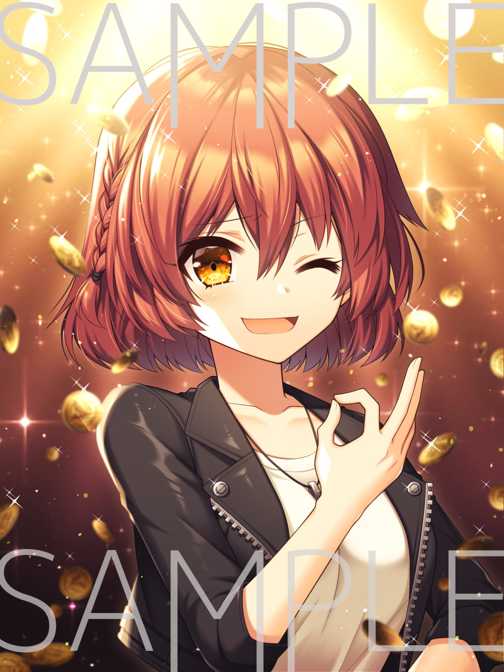 1girl ;d bangs black_jacket blurry blurry_background blurry_foreground braid breasts brown_eyes coin copyright_request depth_of_field eyebrows_visible_through_hair hair_between_eyes highres jacket looking_at_viewer money money_gesture official_art one_eye_closed open_clothes open_jacket redhead sakura_tsubame sample_watermark shirt short_hair small_breasts smile solo upper_body white_shirt