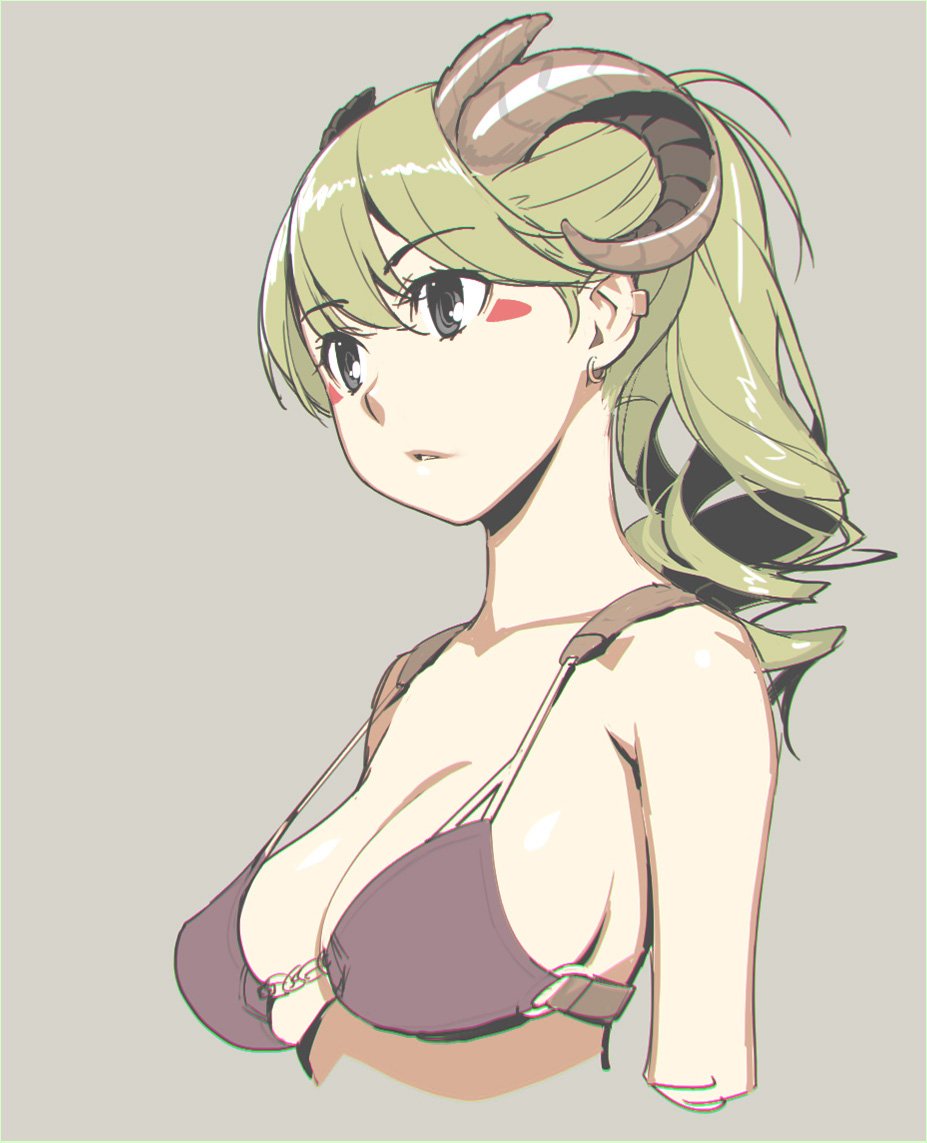 1girl armor bangs bare_shoulders bikini_armor black_eyes breasts commentary_request curled_horns drill_hair drill_ponytail eyebrows_visible_through_hair facial_mark green_hair horns ino_(magloid) medium_breasts original parted_lips sideboob simple_background sketch solo upper_body