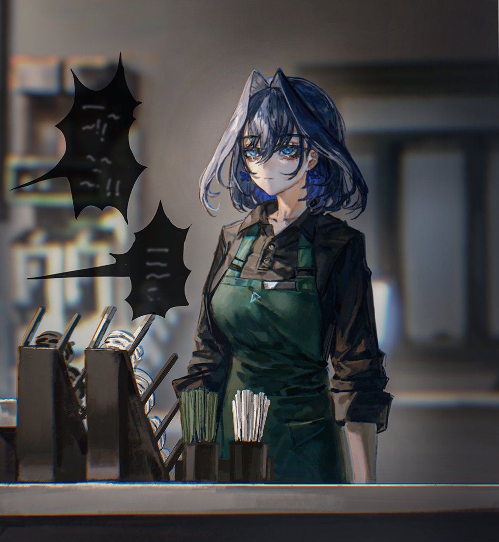 1girl annoyed apron bangs black_shirt blue_eyes blue_hair breasts collarbone collared_shirt english_commentary expressionless eyebrows_visible_through_hair green_apron hair_intakes hololive hololive_english large_breasts ouro_kronii quasarcake shirt short_hair solo virtual_youtuber