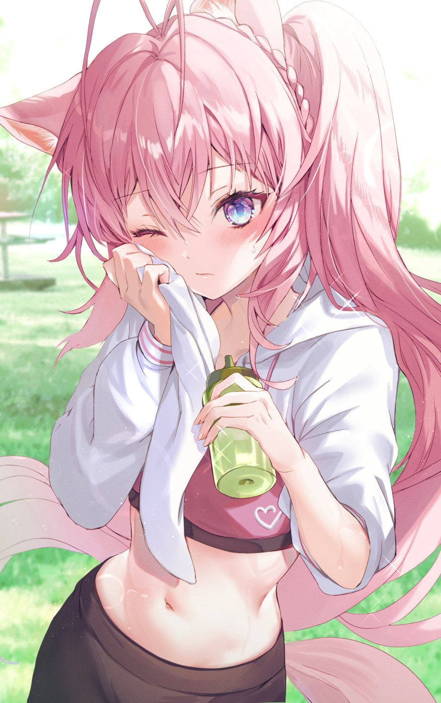 1girl animal_ear_fluff animal_ears bangs black_shorts blush bottle braid coyote_ears coyote_girl crown_braid dabi_(dabibubi) drying eyebrows_visible_through_hair hair_ornament hakui_koyori highres holding holding_bottle hololive long_hair long_sleeves looking_at_viewer midriff navel one_eye_closed outdoors pink_crop_top pink_hair ponytail shorts sleeve_rolled_up solo sweat sweater violet_eyes virtual_youtuber white_sweater wiping_face